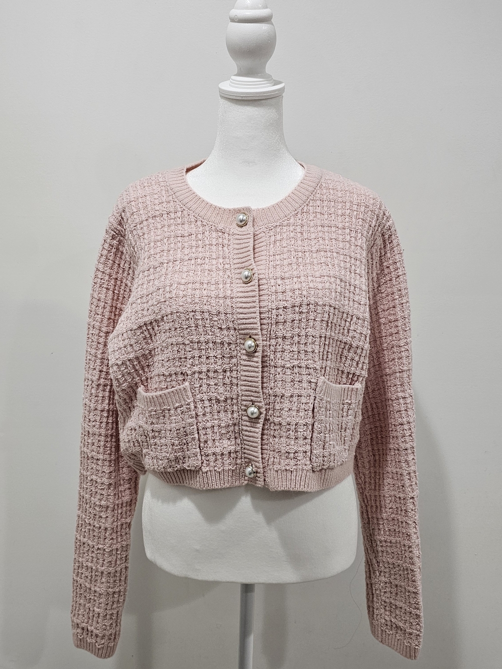 Jessica Simpson Blush Pink Waffle Knit Pearl-Button Cardigan